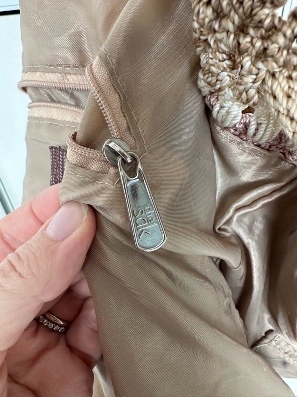 The Sak | Boho Janet Crochet Drawstring Shoulder Bag Neutral Stripes | AS IS - Picture 11 of 16